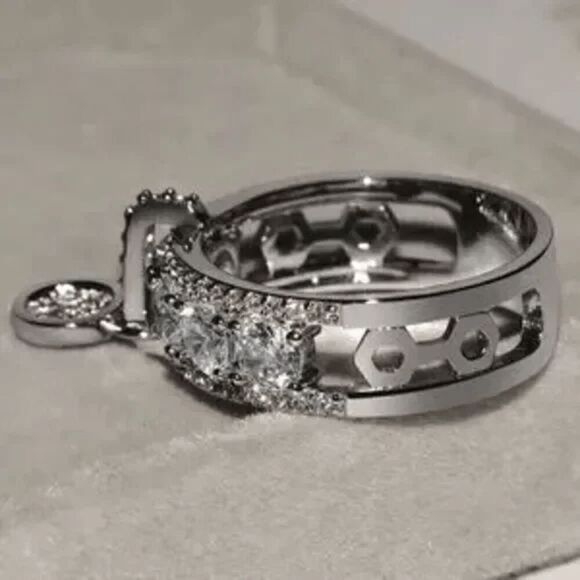 Engagement Wedding Anniversary Round Diamond Mosaic Ring With Hanging Charm - Picture 4 of 5